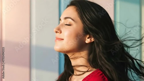 Young adult ethnic woman with windblown black hair, red dress, and closed eyes enjoys sunlight, representing serenity, peacefulness, mindful moment and joy