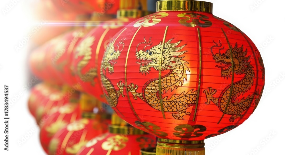 Fototapeta premium Row of red chinese lanterns with golden dragon pattern isolated on white background