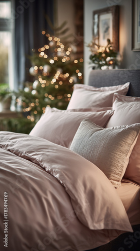 Przytulne łóżko z elegancką, pudroworóżową pościelą i poduszkami w sypialni udekorowanej na święta, z rozświetloną choinką w tle.