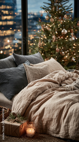 Przytulne łóżko z beżową i szarą pościelą na tle dużego okna z widokiem na nocne miasto oraz choinkę z lampkami w tle.