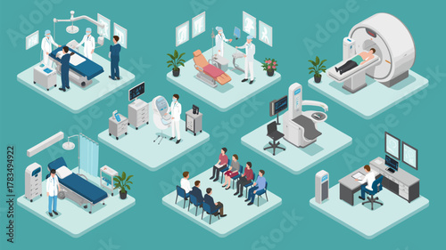 Doctor and patient isometric vector compositions showcasing medical consultations, examinations, and interactions, ideal for healthcare infographics, digital illustrations, education, and professional