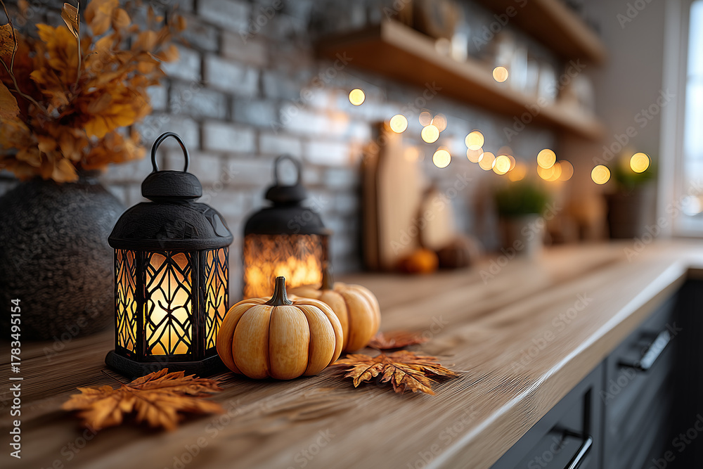 Obraz premium Przytulny, jesienny wystrój kuchennego blatu: dynie, lampiony ze świecami, opadłe liście klonu i wazon z suszonymi kwiatami na tle ceglanej ściany i światełek.