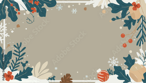 Vector template featuring a vibrant winter holiday background with a flat design aesthetic, incorporating bold lines, minimalist shapes, and a muted color