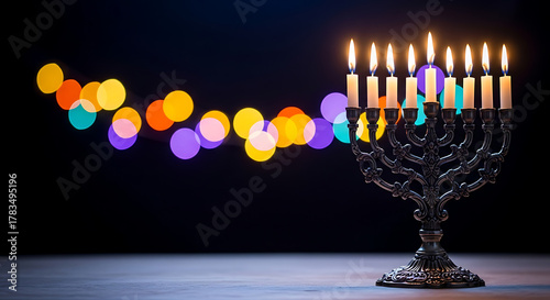 Menorah with colorful bokeh lights celebrating hanukkah