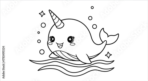 Cute cartoon narwhal with a unicorn horn swimming in the ocean waves