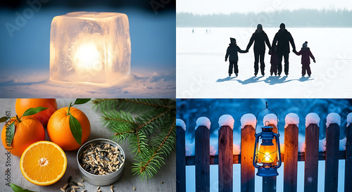 Winter collage featuring a glowing ice lantern family ice skating oranges and herbs and a festive lantern