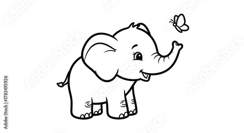Cute cartoon baby elephant playing with a butterfly in a simple line drawing style