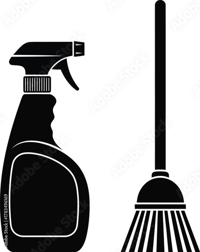 Illustration of black silhouette of spray bottle and broom