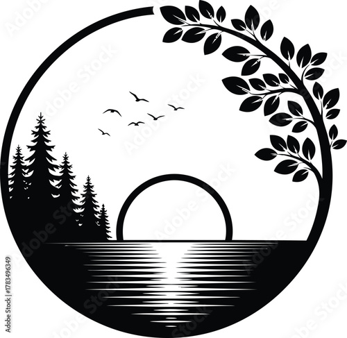 Illustration of silhouette of a forest and sunset over the water