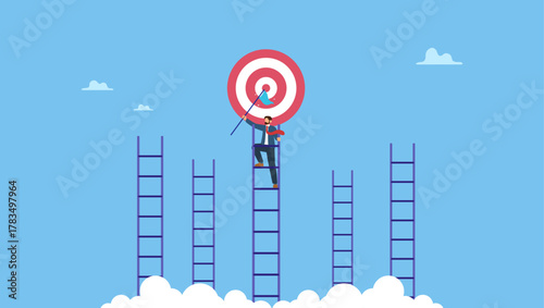 Businessman climb up the right ladder to reach goal. Ladder of success to reach goal or target, challenge to achieve goal, strategy or motivation to win competition, ambition or aspiration.