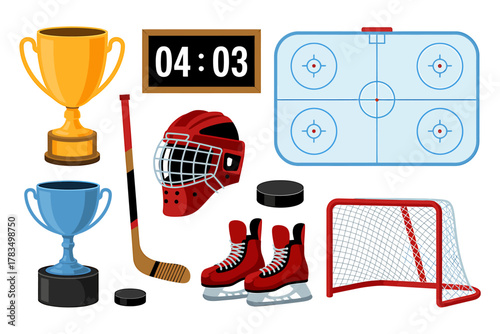 Ice hockey equipment, trophies, rink, scoreboard and goal set