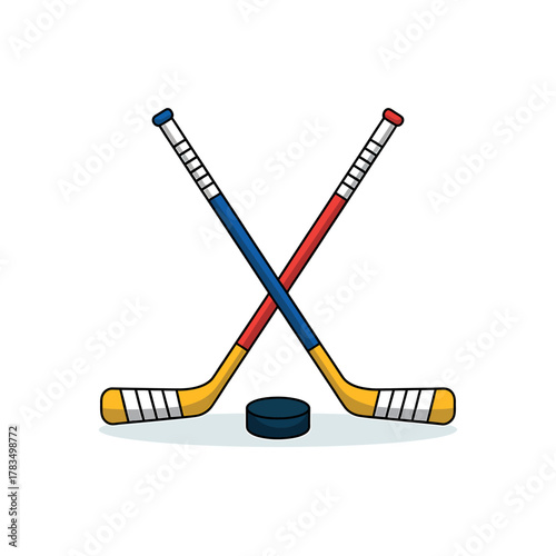 Ice hockey sticks and puck crossed sports equipment illustration