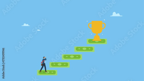 Businessman about to step on money stair to achieve goal. Stairway to money success, financial independent or financial freedom, income growth or wealth management or investment opportunity.