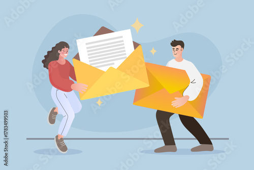 A happy team carries a giant envelope in this communication concept. It illustrates receiving good news, a new contract, or a corporate announcement delivered by mail or email.