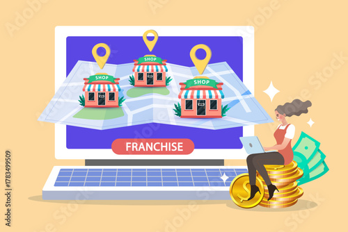 A successful woman sits on money from her small business investment in this franchise concept. She manages shop expansion and multiple locations on her laptop, showing a profitable opportunity.