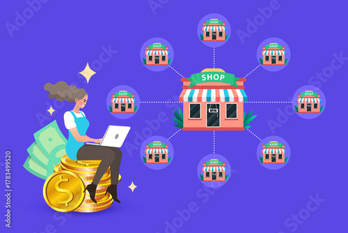 A successful woman sits on money from her small business investment in this franchise concept. She manages her shop network and business expansion using a laptop, showing a profitable opportunity.