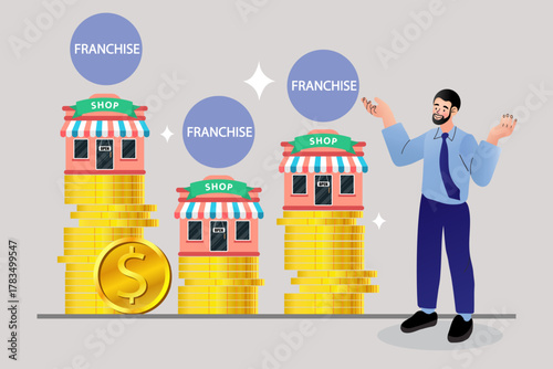A happy businessman presents a profitable franchise investment opportunity. This financial growth concept uses a bar chart of money coins to show the profit and scalability of a chain store business.