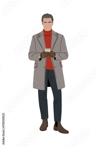 Minimalist vector illustration of a person in a gray overcoat and red turtleneck, standing and looking at a smartphone. Clean lines, modern style, dark pants, Chelsea boots, transparent background.