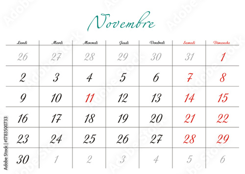 Minimalist French 2026 calendar with months and dates, clean typography design, white background