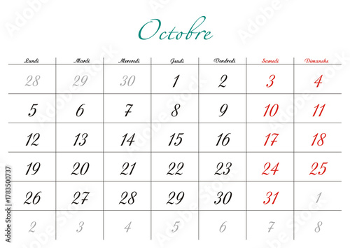 Minimalist French 2026 calendar with months and dates, clean typography design, white background