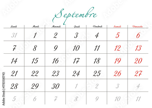 Minimalist French 2026 calendar with months and dates, clean typography design, white background