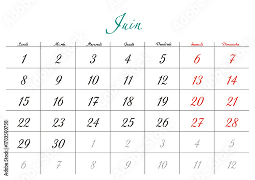 Minimalist French 2026 calendar with months and dates, clean typography design, white background