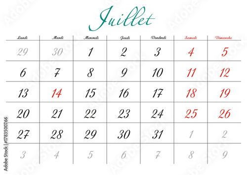 Minimalist French 2026 calendar with months and dates, clean typography design, white background