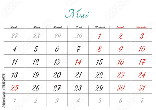 Minimalist French 2026 calendar with months and dates, clean typography design, white background