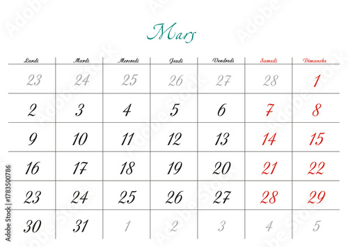 Minimalist French 2026 calendar with months and dates, clean typography design, white background