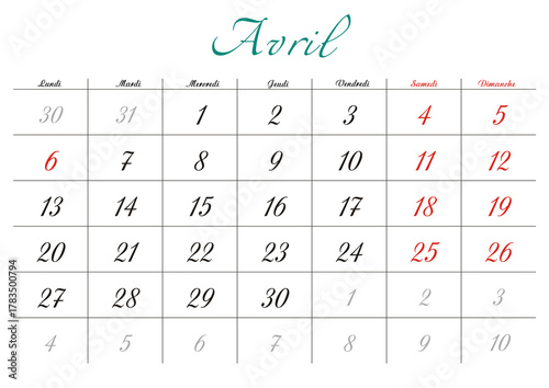 Minimalist French 2026 calendar with months and dates, clean typography design, white background