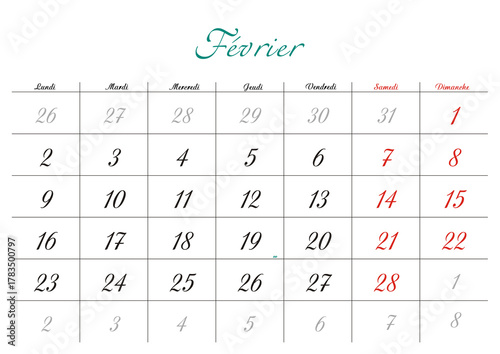 Minimalist French 2026 calendar with months and dates, clean typography design, white background