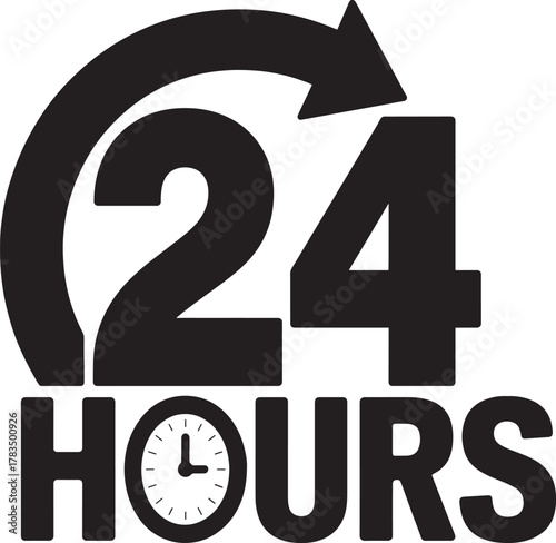 Black 24 hours service icon with circular arrow and clock face time