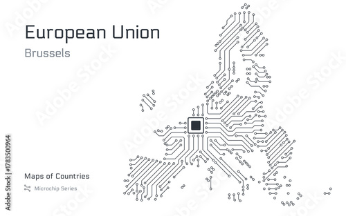 European Union map in microchip pattern with Brussels as the central chip