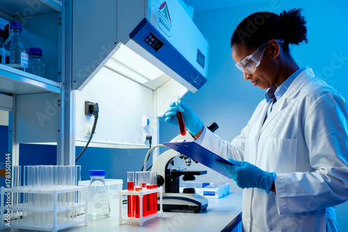 Black woman young adult wearing lab coat and safety goggles analyzing blood sample in test tube while writing notes on clipboard in laboratory with microscope and scientific equipment