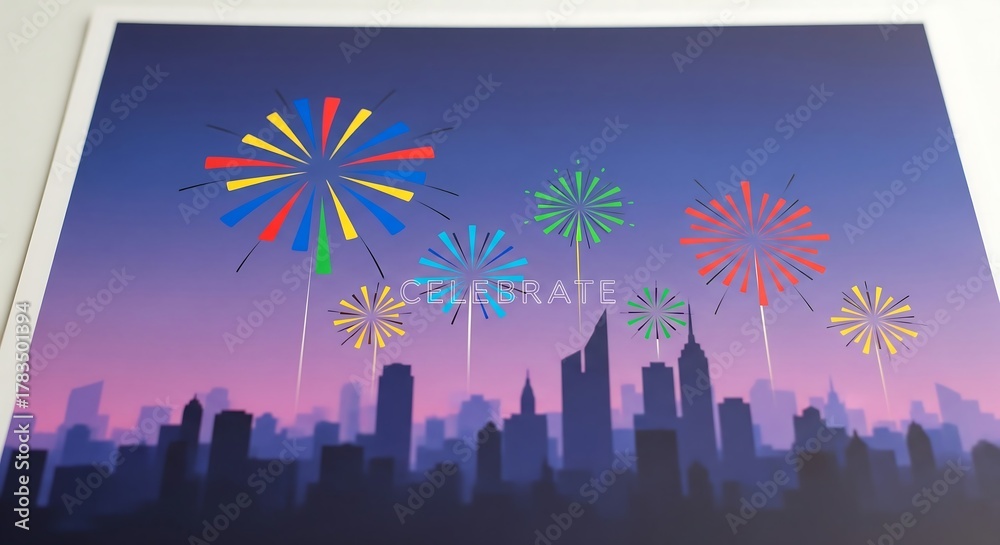 Fototapeta premium Elegant cityscape illustration with fireworks in minimalist style and gentle gradient