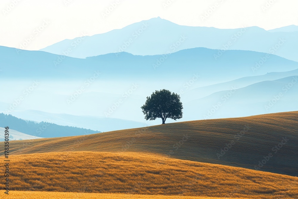 Obraz premium A solitary tree stands sentinel on a golden hilltop, overlooking a serene valley veiled in soft, pastel hues of light blue and the distant, hazy mountains.