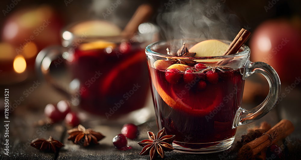 Fototapeta premium Cup of hot mulled wine with apple and orange on white wooden background