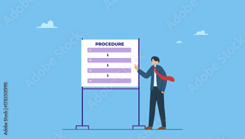 Businessman leader present workflow and procedure in meeting. Procedure and workflow, planning process or sequence to finish project, standard or company policy, business outline to step by step.