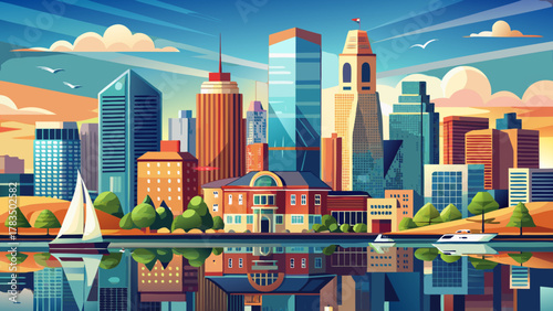 Very beautiful view of Boston, Massachusetts, USA, featuring Boston Harbor and the Financial District, with waterfront reflections, modern skyscrapers, historic buildings, and a realistic vibrant 