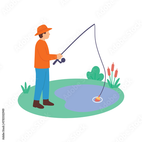 Fishing, catching fish calmly from lake or pond