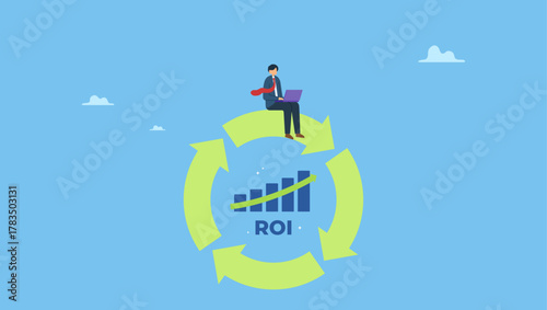 Businessman working with computer on ROI growth chart and graph. ROI Return on Investment, profit or revenue from cost invested in asset, business or marketing, planning KPI or indicator.
