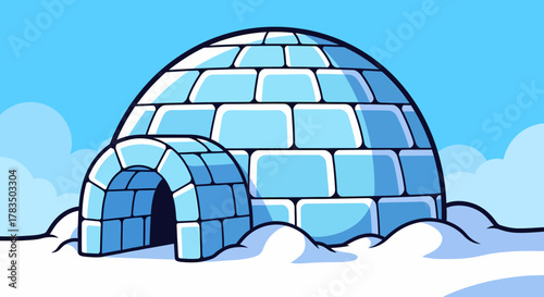 A charming cartoon illustration of a classic igloo, the iconic dome-shaped shelter built from blocks of ice and snow. This winter dwelling is set against a clear blue sky
