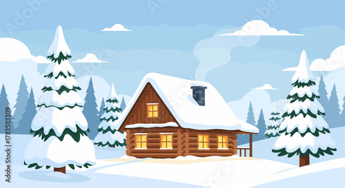 A cozy, snow-covered log cabin with warm lights, nestled among frosty pine trees in a serene winter landscape, evoking a peaceful and inviting seasonal retreat