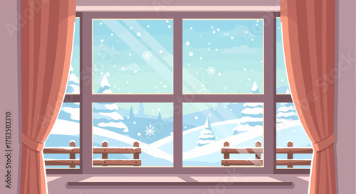Cozy winter window view with falling snow, mountains, and trees on a bright sunny day