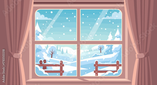 Winter Scene Through a Window Snowy Landscape and Cozy Home
