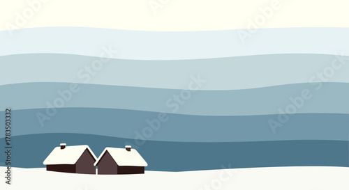 Cozy snow-covered cabins stand peacefully in a minimalist winter landscape, featuring soft blue and white undulating layers that evoke a calm and serene seasonal beauty