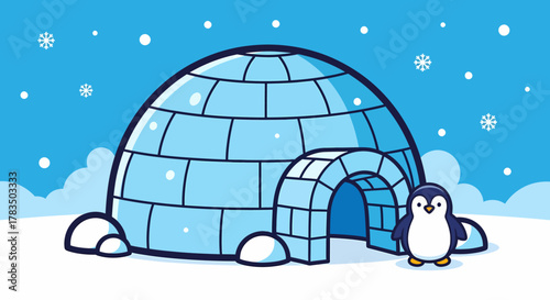 Whimsical vector illustration of a cute penguin standing by a cozy igloo, with gentle snowflakes falling in a serene winter wonderland, perfect for children's themes