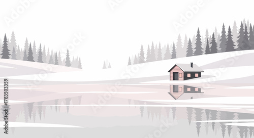 Peaceful winter landscape with a cozy cabin reflected in a serene frozen lake surrounded by snow-covered hills and pine trees