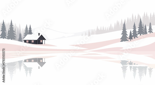 A secluded log cabin nestled in a snowy, pine-forested valley with its reflection in a tranquil, frozen lake illustration