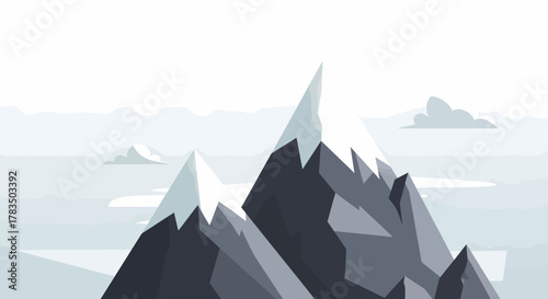 Abstract minimalist landscape with towering snow-capped peaks and serene valleys rendered in a muted gray and white color palette, evoking a sense of calm and majesty